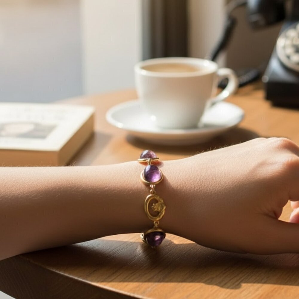 Vintage Inspired Amethyst Cabochon Gold Plated Link Bracelet Elegant & Timeless - Picture 7 of 7